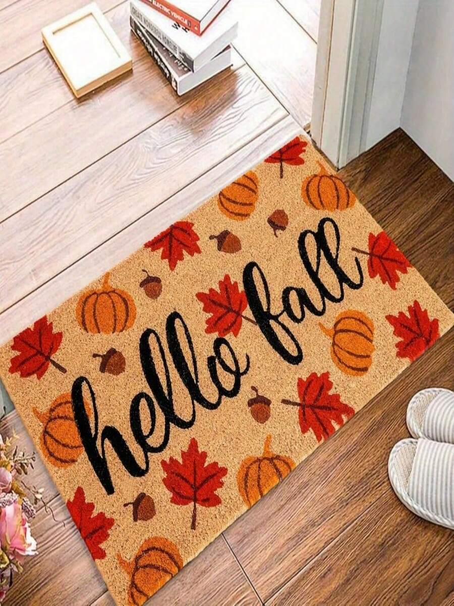 1pc Best-Selling "Hello Fall" Pumpkin & Maple Leaf Themed Doormat/Small Rug - 900GSM Soft Velvet, Machine Washable, Durable, Stain-Resistant, Quick Dry, Suitable For Indoor/Outdoor Decor, Bedroom, Kitchen, Photo Props, Holiday Gifts, All Season