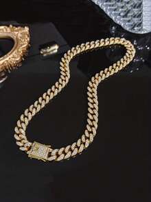 1pc Diamond-Shaped Fully Rhinestone Shiny Chain Necklace, Unisex Hip-Hop Versatile Summer Bracelet Necklace Jewelry For Daily Wear