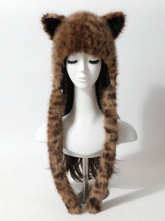 1pc Women's Autumn/Winter Unique Quirky Anime-Inspired Faux Fur Cute Fox Ear Plush Hat, Warm Ear Protection Windproof Beanie Cap,