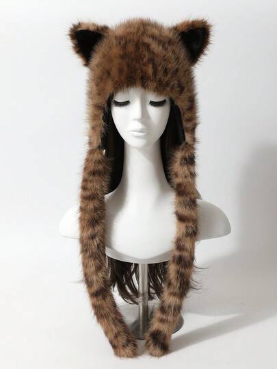 1pc Women's Autumn/Winter Unique Quirky Anime-Inspired Faux Fur Cute Fox Ear Plush Hat, Warm Ear Protection Windproof Beanie Cap,