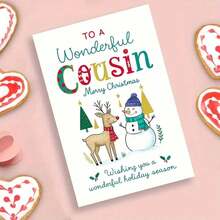 1pc Festive Christmas Card For Cousin - "To A Wonderful Cousin Merry Christmas" Greeting With Reindeer, Snowman & Holiday Decorations - Perfect Family Gift For Winter Celebrations, Holiday Greeting Card|Playful Design|Paper Christmas Card, Christmas Cards
