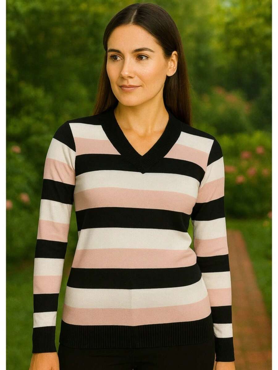 Women's Cold Weather Blouse | Women's Striped Long Sleeve Blouse | Striped V-Neck Blouse | Stripes - 查看 1