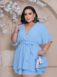 Short Sleeve Jumpsuit Simple Casual Elegant Tie Up With Belt Crossover - 藍色 - 淺色 - 查看 1