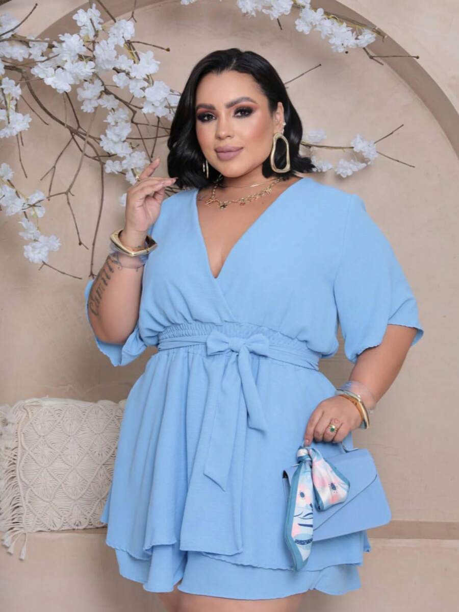 Short Sleeve Jumpsuit Simple Casual Elegant Tie Up With Belt Crossover - 藍色 - 淺色 - 查看 1