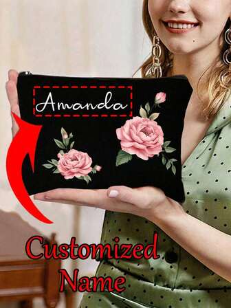 Customizable Makeup Bag With Pink Peony Floral Pattern And Personalized Name, Machine Washable, Women's Portable Cosmetic Bag, Personalized Toiletry Bag, Zipper Travel Storage Box, Lightweight Foldable Makeup Bag, Suitable For Daily Use, Birthday, Holiday, Back To School, Summer, Beach, Travel, Commute, Student, Picnic, Camping, Daily Storage And More