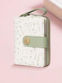 New Korean Style Folding Buckle Short Women's Wallet, Japanese Cute Cat Cartoon Integrated Card Holder, Student Bag, Zipper Coin Purse Wallet - 抹茶綠 - 查看 5