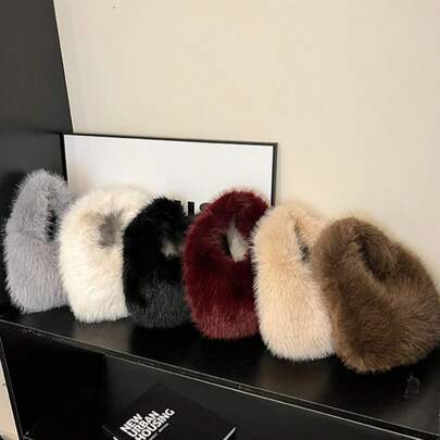 2025 Autumn/Winter New Fluffy Handbag, Solid Color Long Plush Cloud & Crescent Moon Design, Versatile Commuter Bag, Shopping Tote, Furry Handbag For Women , New Year