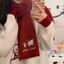 Sanrio 1 pieza Adorable bufanda roja con bordado de gato, cálida y adecuada para estudiantes y niñas dulces, con un estilo suave e INS/japonés, excelente para otoño/invierno