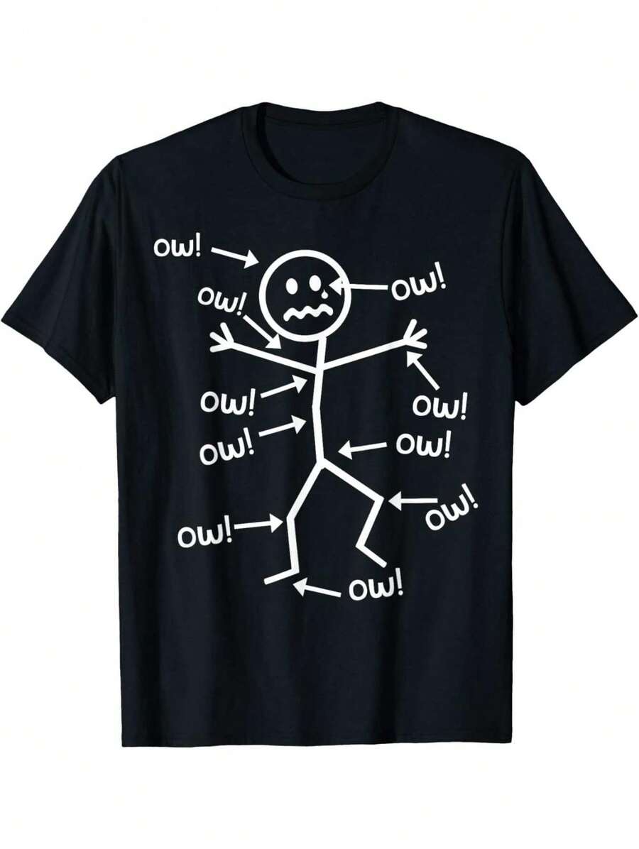 Ow Ow Ow T-Shirt - Funny Chronic Pain Awareness T-Shirt All Season Cotton Single Sided Printed Crew Neck Short Sleeve T Shirt - 黑色 - 查看 1