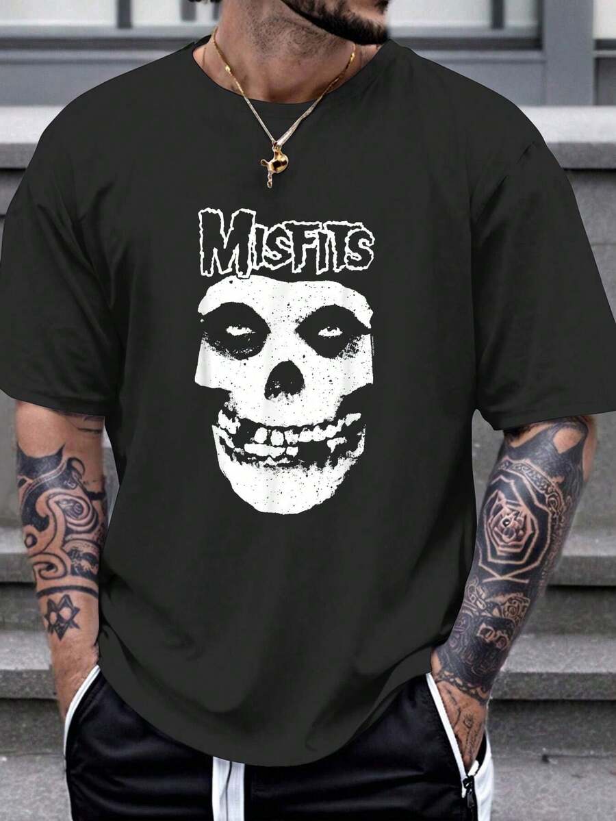 Misfits – Misfit Skull Logo Men's Graphic Print T-Shirt, Short Sleeve Round Neck Cotton T Shirt For Summer & Spring - 黑色 - 查看 1