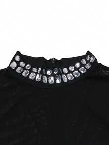 女士优雅立领水钻网眼开衩修身正式晚礼服、派对礼服、婚礼宾客礼服