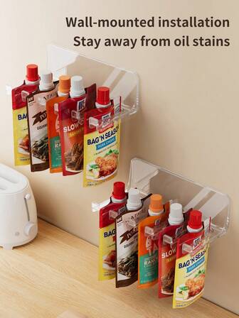 1pc Kitchen Condiment Organiser, Sauce And Seasoning Rack, Household Condiment Storage Organiser Condiment Jar Organizer Rack, Kitchen Spice Bottle Storage Holder, Wall Mounted Or Cabinet Door Clamp Design