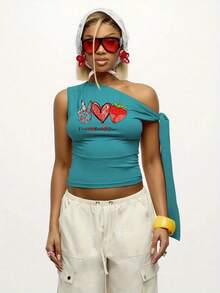 Peace Love Strawberry Graphic One Shoulder Tank Top - Casual Sleeveless Cotton Blend Tee, Summer Slim Fit Crop Top With Tie Detail - Perfect For Casual Wear, Vacation, Parties, Or Everyday Summer Outfits.- Asymmetrical Design Goes Viral - 查看 1