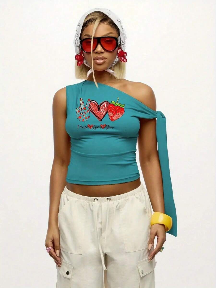 Peace Love Strawberry Graphic One Shoulder Tank Top - Casual Sleeveless Cotton Blend Tee, Summer Slim Fit Crop Top With Tie Detail - Perfect For Casual Wear, Vacation, Parties, Or Everyday Summer Outfits.- Asymmetrical Design Goes Viral - 查看 1