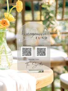 客製化蜜月基金 QR Code 拱門可掃描 QR Code 婚禮標牌 個性化壓克力婚禮桌飾標牌 個性化情侶儲蓄桌標牌 適用於婚禮、派對與生日，美學婚禮裝飾 - 彩色 - 查看 3