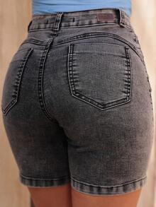 Women's Denim Shorts Bermuda Mid-Thigh High Waist Black Marbled Graphite Lift Butt Lift Lycra Elastane - 黑色 - 查看 6