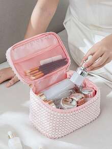 1 Pink Velvet Material Cosmetic Bag Travel Portable Storage Bag, Women's Cosmetic Bag Lipstick Bag, Travel Cosmetic Bag Storage Bag, Polka Dot Pattern Large Capacity Cosmetic Storage Bag, Toiletry Bag Large Capacity Velvet Storage Bag