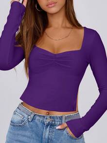 Y2K Sweetheart Collar Long Sleeve Ruched Side Slit Top T-Shirt, Spring/Autumn - Purple - View 4