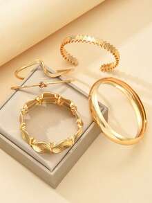 5pcs Vintage Exaggerated Luxurious Geometric Design Wide Metal Gold Bangle Set, Suitable For Daily Wear And Gift - Gold - View 5