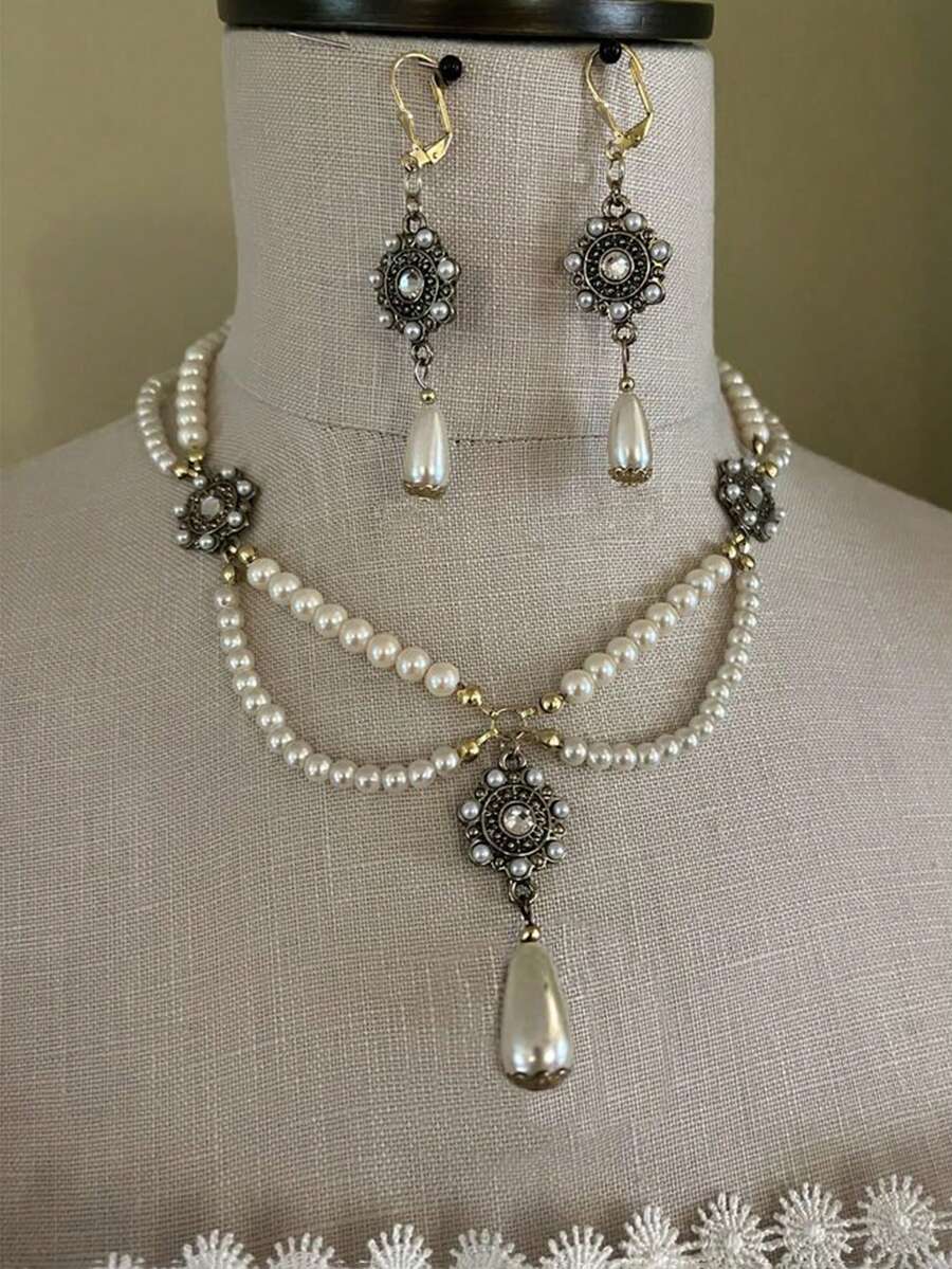 3 Piece Fashionable Floral Diamond Vintage Style Faux Pearl Women's Multi-Layer Beaded Necklace And Earrings Set - 彩色 - 查看 1