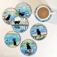 6pcs/Set 10x10cm Waterproof Anti-Slip Wooden Coasters With Black Cat Pattern, Unique Home Decor Gift For Coffee Lovers, Kitchen Decor, Tabletop Decoration. Available In 1 Set Or 31 Sets. - Multicolor - View 2
