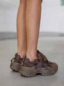 DareSee [Runs Small 1 Size] New Brown Mesh Platform Wedge Sneakers, Women's Casual Breathable Chunky Sneakers, Leather Patchwork Fashion Personalized Student Shoes, Women's Miraflores Style Street Snap Outdoor Shoes Winter Gifts - Brown Mesh - View 5