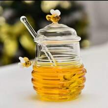 1pc Japanese-Style Glass Honey Storage Jars With A Glass Stirring Rod And A Cute Bee Decoration. Can Be Used To Store Coffee Beans, Honey, Candies, And Spices. A Unique Birthday Gift, Mother's Day Gift, Or Christmas Gift.