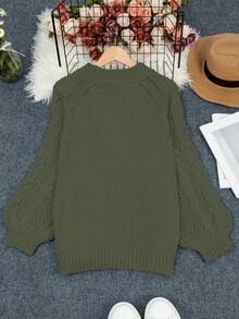 Plus Size Loose Casual Crew Neck Long Sleeve Knit Sweater - Army Green - View 4