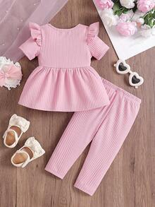 2 Stück Baby Mädchen einfarbiges Set mit rundem Ausschnitt, 3D Schleife, Rüschensaum Kurzarm T-Shirt und elastischer Taille einfarbige Strick Hose, geeignet für Zuhause, Alltag und Ausflüge, Frühling/Herbst