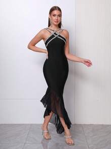 Love Aing 女士时尚手工水晶串珠网纱交叉性感派对宴会鸡尾酒会不对称绷带连衣裙婚礼宾客礼服正式晚礼服春季长裙 - 黑色 - 查看 5