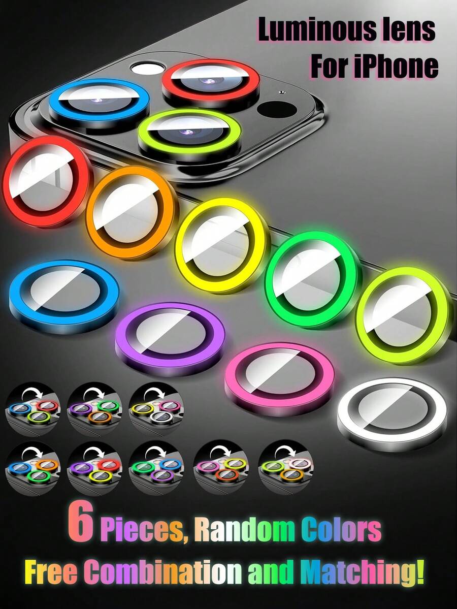 ZYONS 6pcs Glow In The Dark Camera Lens Protector Film, Compatible With IPhone 17 Pro Max/17 Air/16 Pro Max/16E/15 Pro Max/14/13/12/11 Series, 9 Random Colors, Multi-Color Luminous, Camera Accessories, Freely Combinable, Compatible With Phone Cases (Random Color), Suitable For Daily Protection, Office, Home Phone Camera, Waterproof, Shockproof, Anti-Fall, Anti-Scratch. - 6pcs - View 1