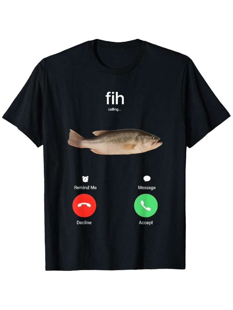 100% Cotton Fih Calling Remind Me Message Decline Accept Phone Call Fish T-ShirtFit Casual Streetwear Men Gifts Shortsleeve - Black - View 1
