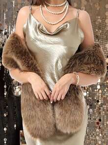 1pc Women Solid Color Fluffy Scarf, Party Fake Fur Collar, Winter Wedding Ceremony Accessory - 20th Century Style For Dress - Coffee Brown - View 4