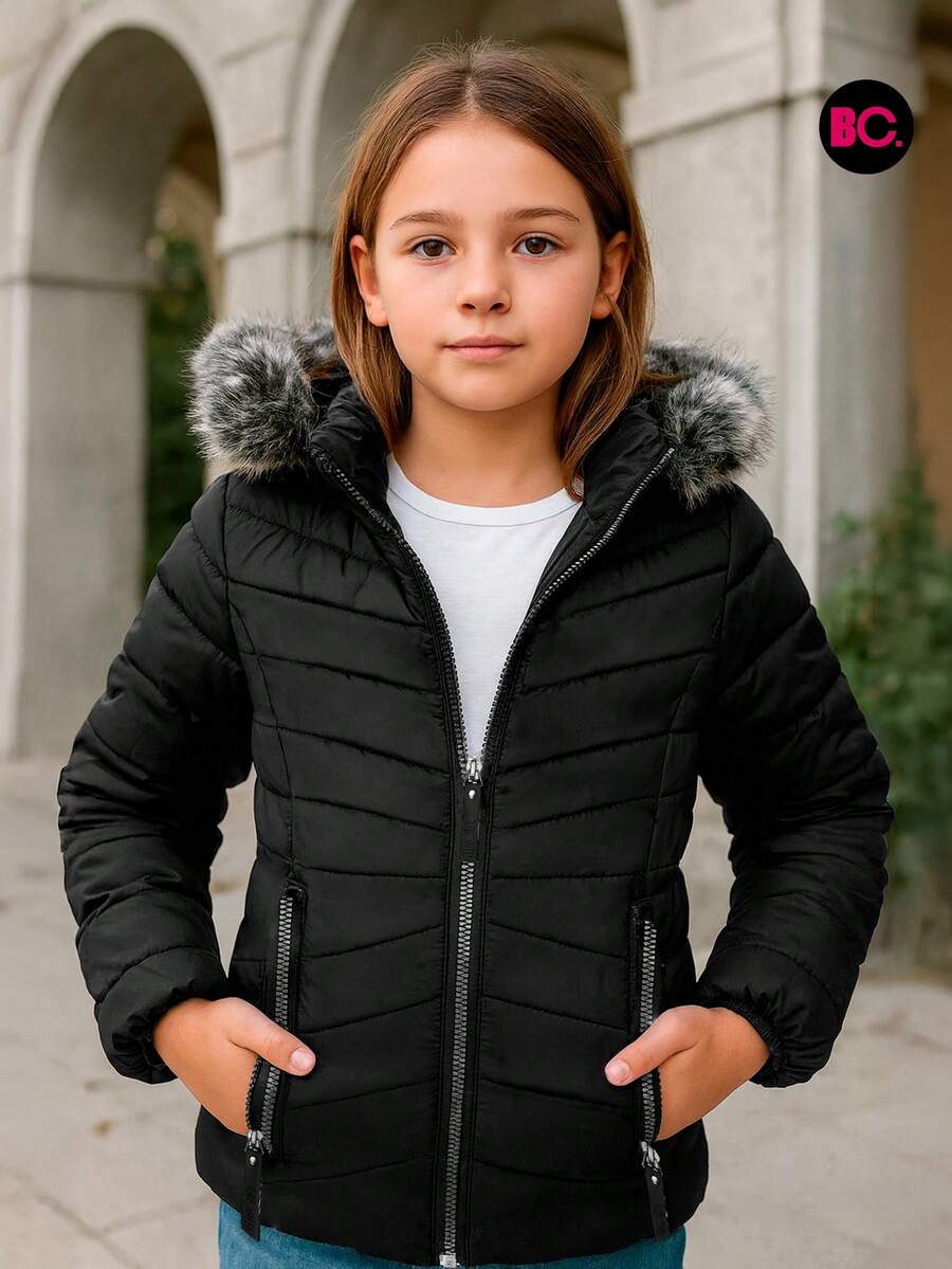 Big City Basic Girl's Quilted Jacket Plush Interior Casual Fashion With Hood - 黑色 - 查看 1