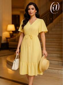 Women's Short Ruffle Dress Casual Duna Short Sleeve Midi Party Evangelical Fashion Elastic Waist. - 淡黃色 - 查看 6