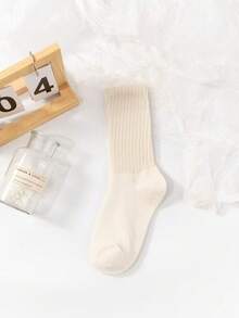 1 Pair Cream Colored Ribbed Slouch Socks For Women, Soft Cozy Vintage Ruffled Ankle Socks, Casual Daily Wear Comfortable Knit Socks