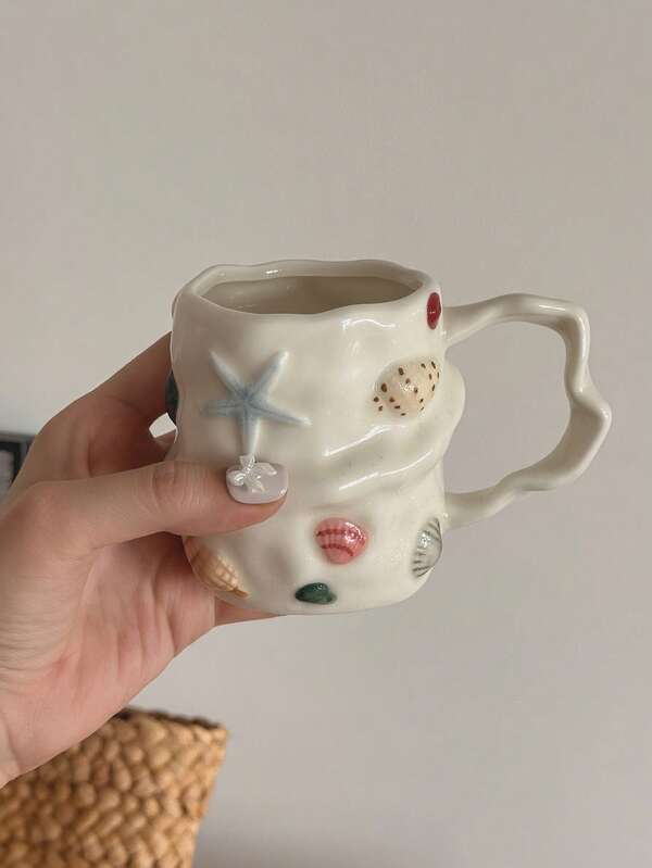 300ml Creative Summer Seashell Embossed Ceramic Coffee Mug, Handpainted Ceramic Teacup, Cute Niche Water Cup, Latte Art Cup, Girly Gift Mug, Vintage 3D Handpainted Tumbler, Asymmetrical Seashell Ceramic Mug, Creative Tea Cup