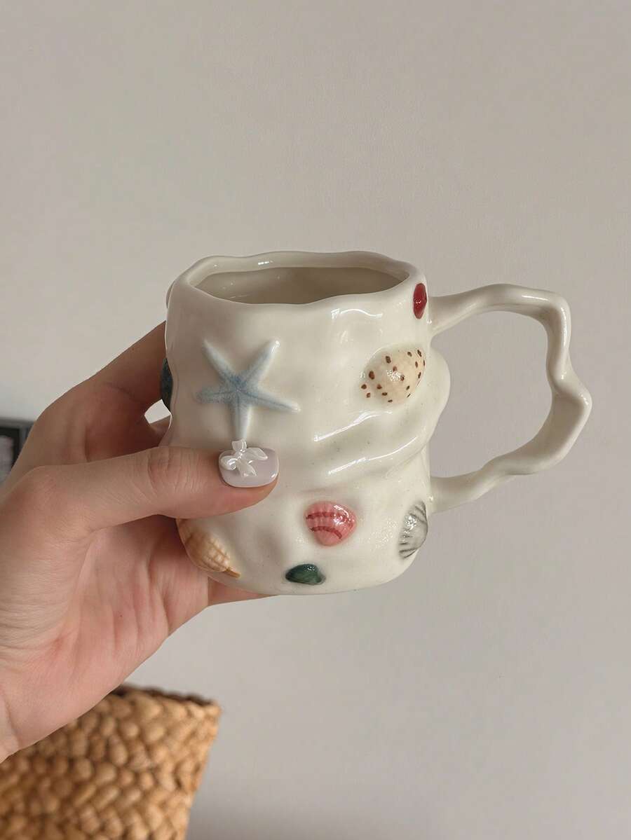 300ml创意夏日贝壳浮雕陶瓷咖啡杯，手绘陶瓷茶杯，可爱小众水杯，拿铁艺术杯，少女心礼物杯，复古3D手绘玻璃杯，不对称贝壳陶瓷杯，创意茶杯