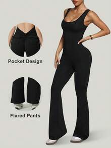Women Backless Halter Vintage Flare Leg Jumpsuit, Bodycon Jumpsuit Flared Leggings Jumpsuit With Pocket - 黑色 - 查看 2