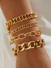 imoli 4 件/套简约空心金属链几何朋克风格粗链手链，百搭珠宝礼物，适合日常佩戴，沙特国庆节 - 金黃色 - 查看 3