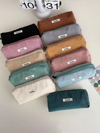 1 Fashionable Solid Color Zipper Pencil Case Casual Travel Makeup Bag Essential Stationery Accessory Unisex Suitable For Daily And School Use