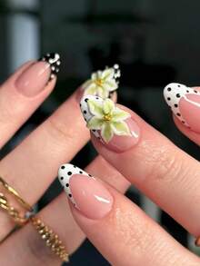10 件纯手工简约复古风格黑白波尔卡圆点、绿色野百合雕刻、法式人造指甲，高端、简约耐用的经典款式，适合女孩或女士在节日或特殊场合佩戴。 - 綠色 - 查看 3