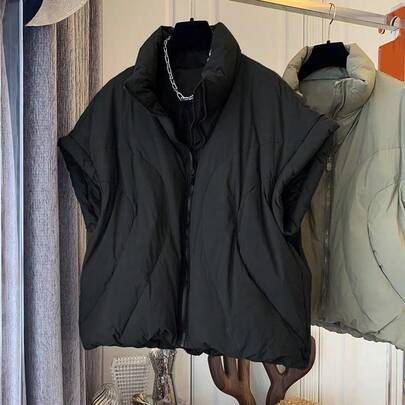 Gilet trapuntato da donna senza maniche con chiusura lampo, giacca leggera da esterno, stile invernale, colore nero