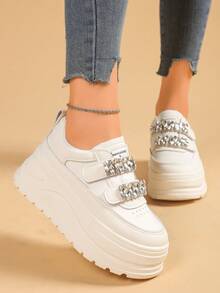 女式厚底坡跟运动鞋，新款水钻钩环休闲白鞋，学生百搭鞋 - 白色 - 查看 4