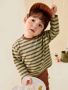 mini bala Kids Printed Cotton Long Sleeve Tee Soft Breathable Comfortable Fall Top - Green Coffee Color - View 3