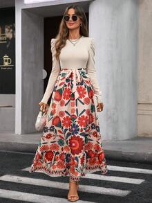 Floral Print Puff Sleeve Tie Waist Dress, Patchwork Flower & Leaf Print Elegant Ruffle Hem Dress, Suitable For Autumn/Winter Outings