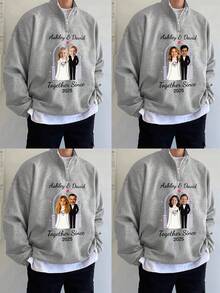 Customized Plus Size Men Crew Neck Long Sleeve Sweatshirt, Personalized Wedding Commemorative Design, Couple Portrait Replaceable, Autumn/Winter - Grey - View 2