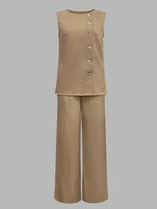 Set 2 bucăți pentru femei, elegant, cu cămașă și pantaloni, culoare solidă, cu crăpături laterale, stil naveta, început de toamnă - Kaki - Vizualizare 3