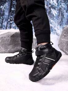Dziecięce buty sportowe na świeżym powietrzu, zimowe buty trekkingowe, chłopięce buty barefoot, grube, ciepłe buty sportowe z termiczną podszewką, odpowiednie do noszenia na co dzień, wędrówek i uprawiania różnych sportów - Czarne - Zobacz 3