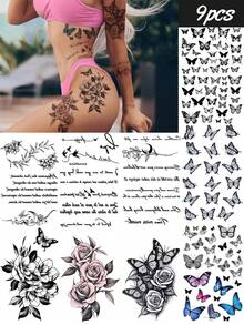 STARTTOOS 9pcs/Set Assorted Pink Rose Flower, Butterfly, Words Temporary Tattoos, Suitable For Arms, Legs, Shoulders, Neck, Collarbone, Daily, Party, Holiday Gifts - Multicolor - View 1